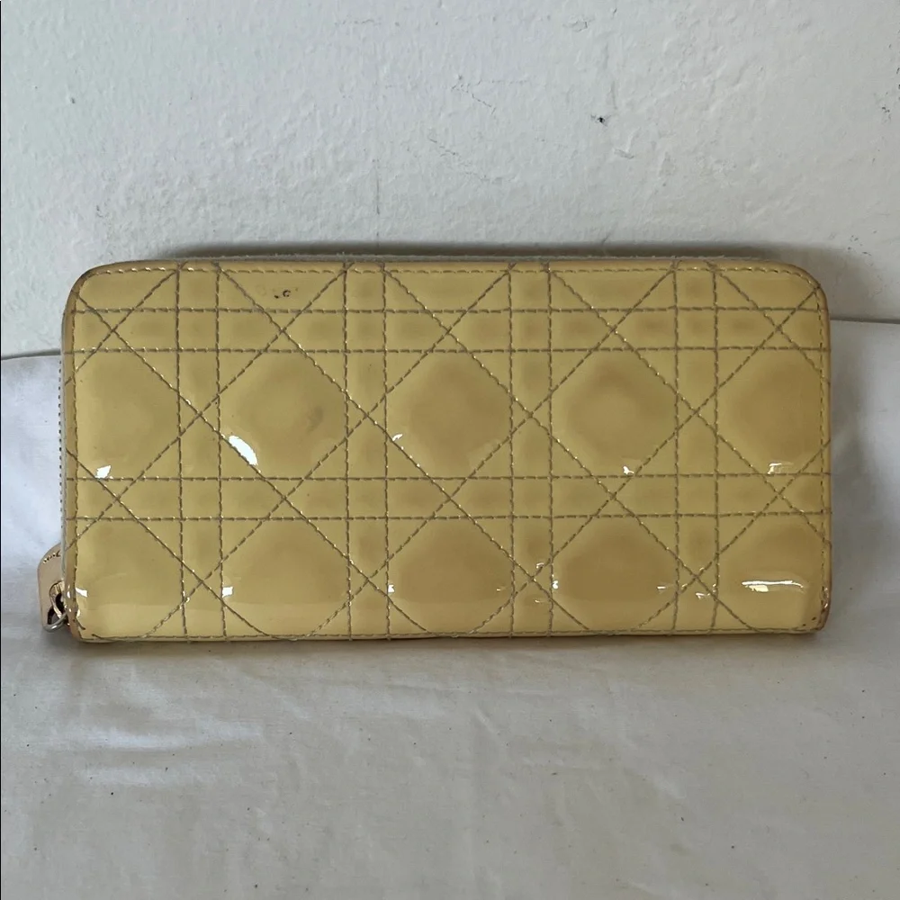 Lady Dior Patent Leather Zip-Around Wallet in Yellow